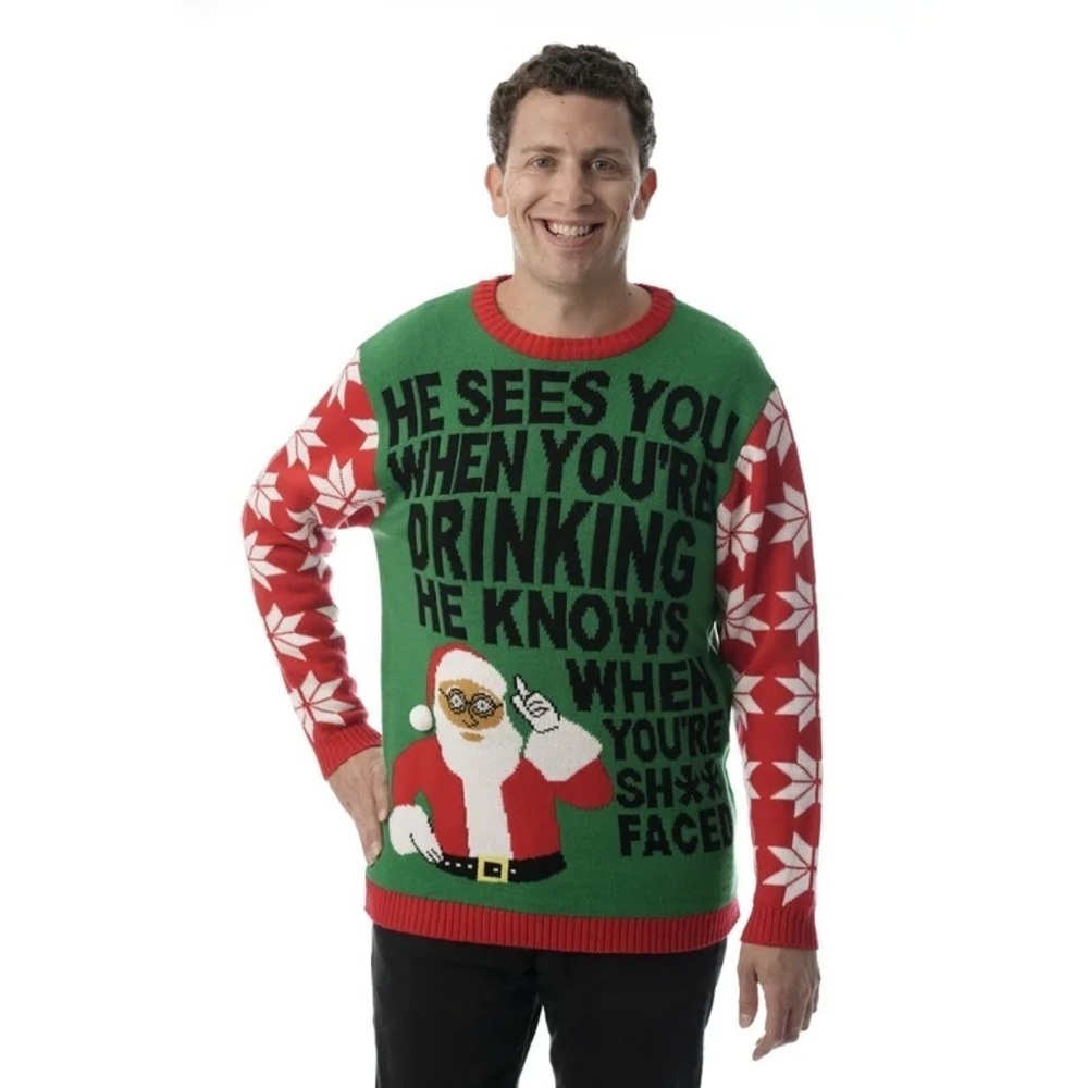 Mens Ugly Christmas Sweater Green & Red - “Santa Sees You…”Size XL